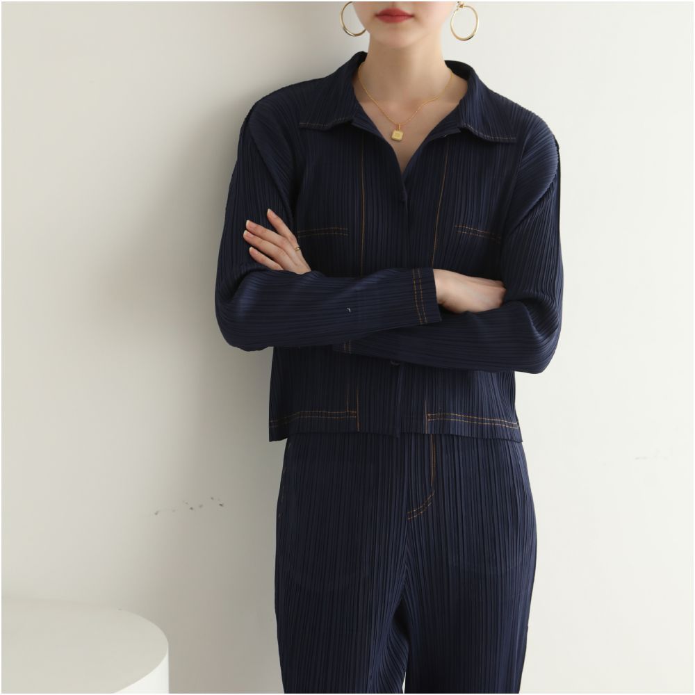 Asaya1186 - classic denim pleated long sleeves small short jacket  