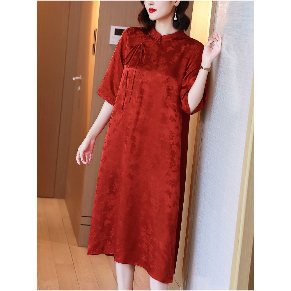 Mom s dress wedding banquet mother in law s dress new style summer wedding high end silk mulberry silk red cheongsam dress image 2
