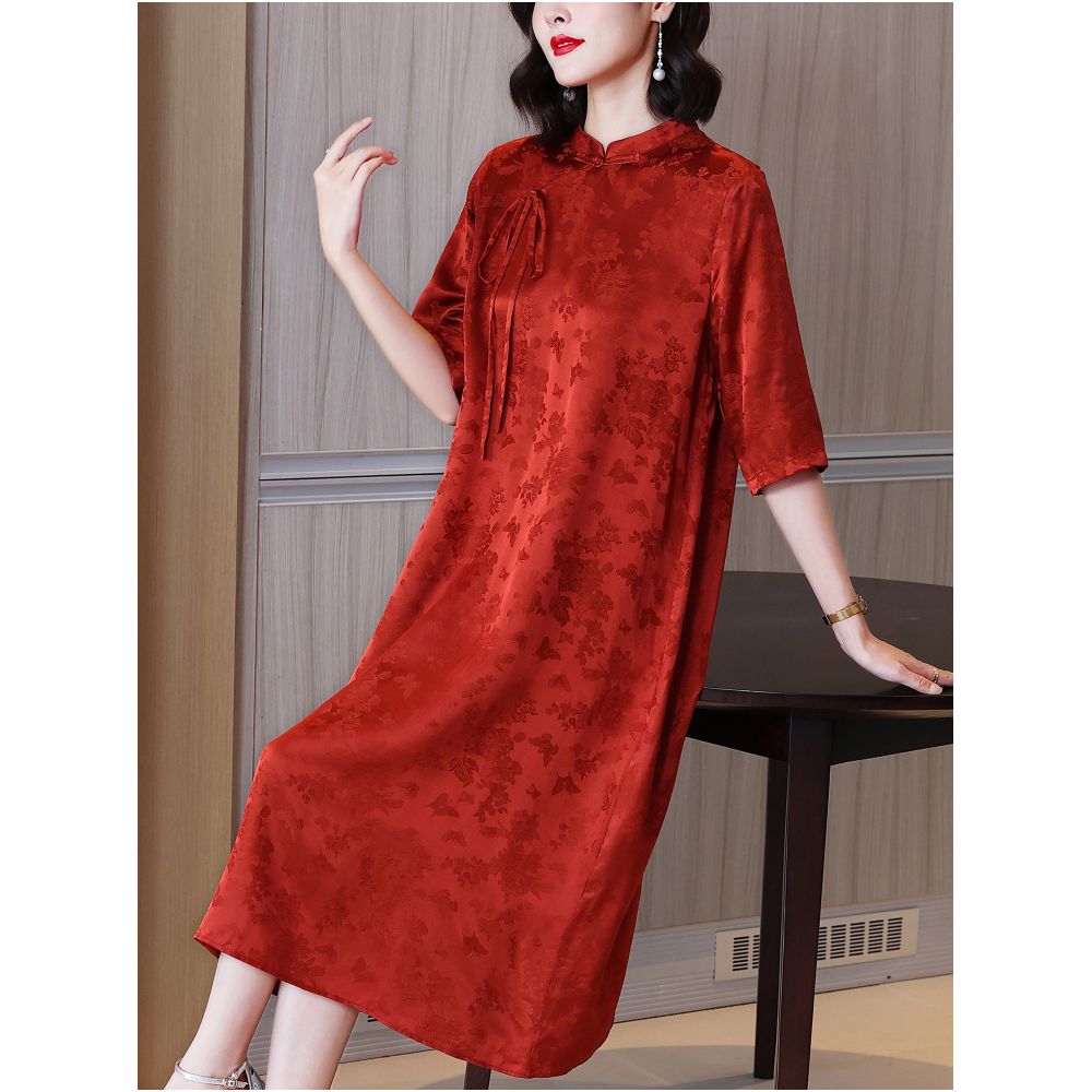 Mom s dress wedding banquet mother in law s dress new style summer wedding high end silk mulberry silk red cheongsam dress image 0