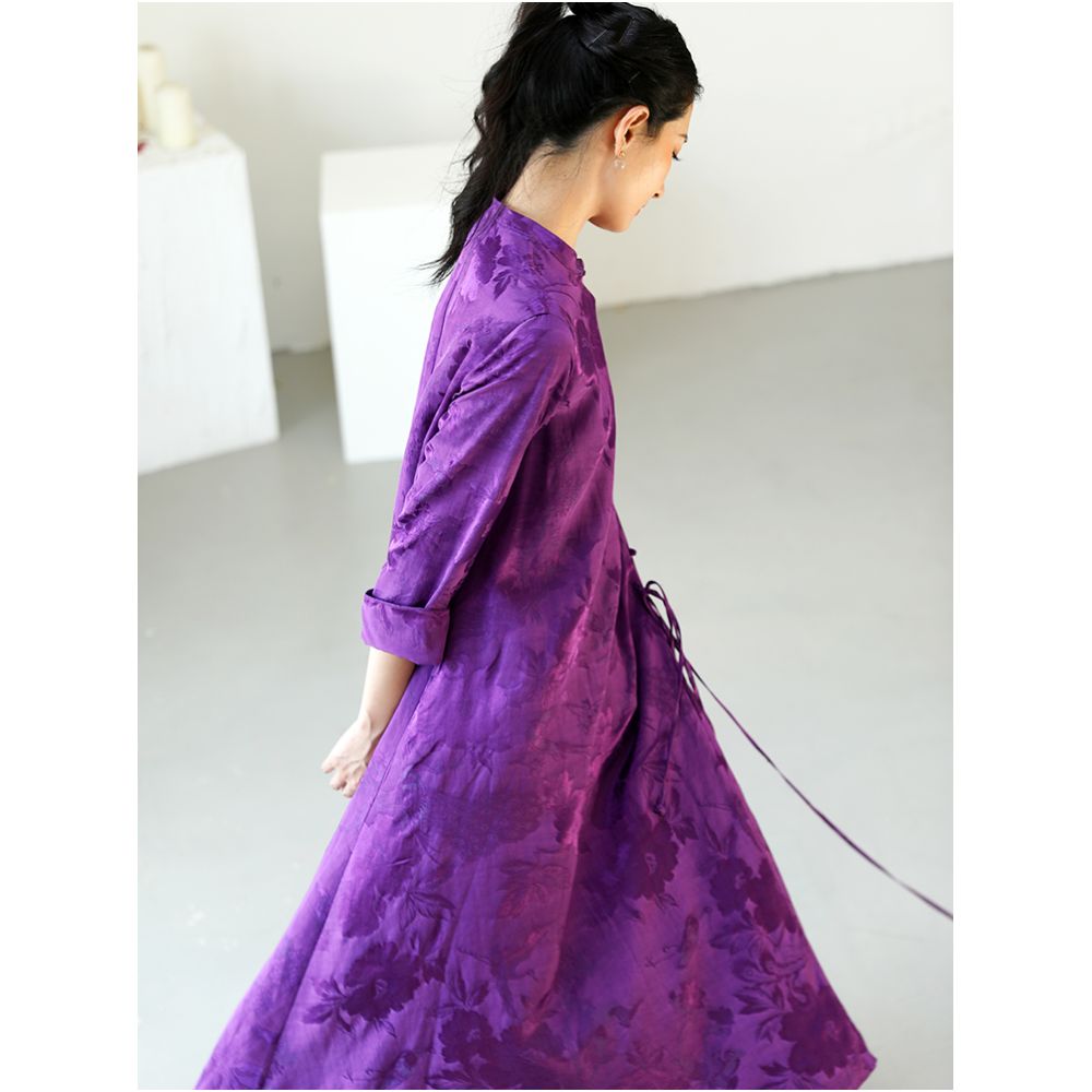 Taozhi Yaoyao Improved Cheongsam 2023 Spring Azi Commuting Artistic Loose Waist Jacquard Solid Color Long Sleeve Dress image 1