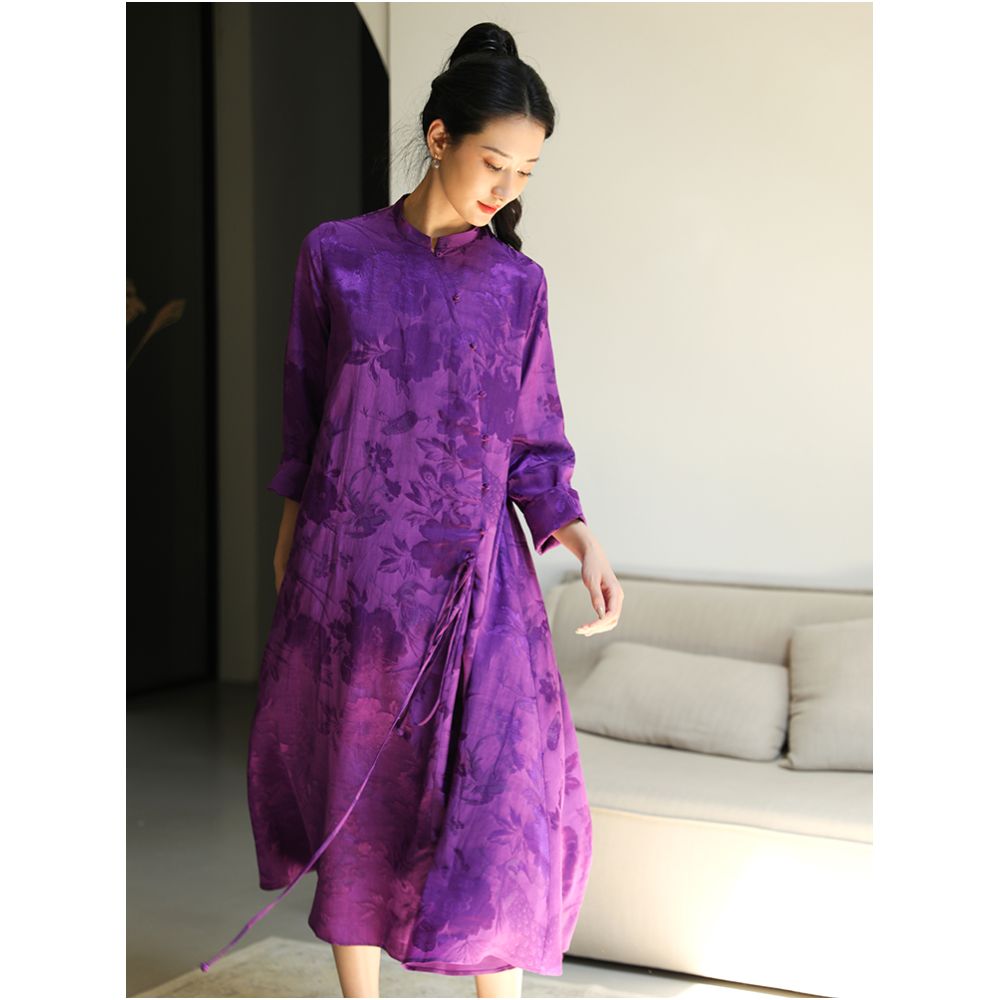 Taozhi Yaoyao Improved Cheongsam 2023 Spring Azi Commuting Artistic Loose Waist Jacquard Solid Color Long Sleeve Dress image 2
