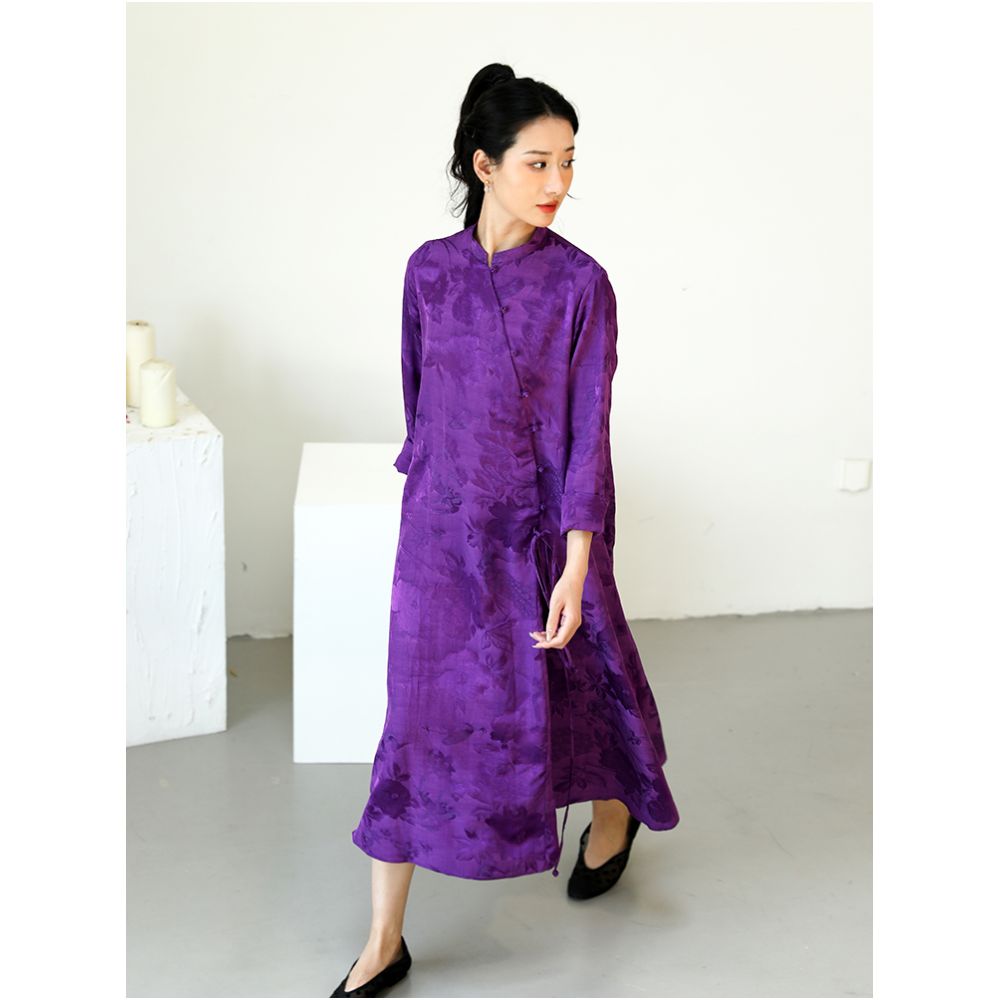 Taozhi Yaoyao Improved Cheongsam 2023 Spring Azi Commuting Artistic Loose Waist Jacquard Solid Color Long Sleeve Dress image 3