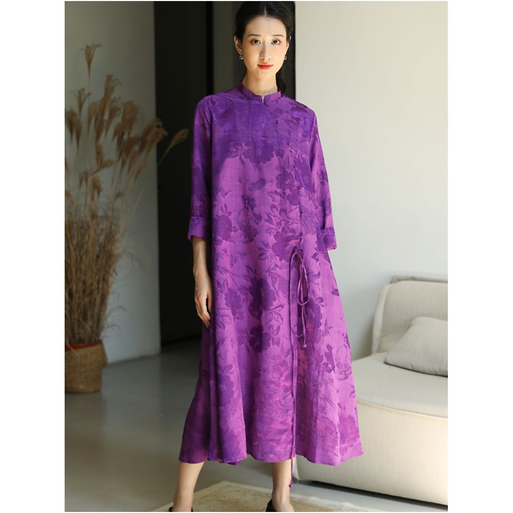 Taozhi Yaoyao Improved Cheongsam 2023 Spring Azi Commuting Artistic Loose Waist Jacquard Solid Color Long Sleeve Dress image 4