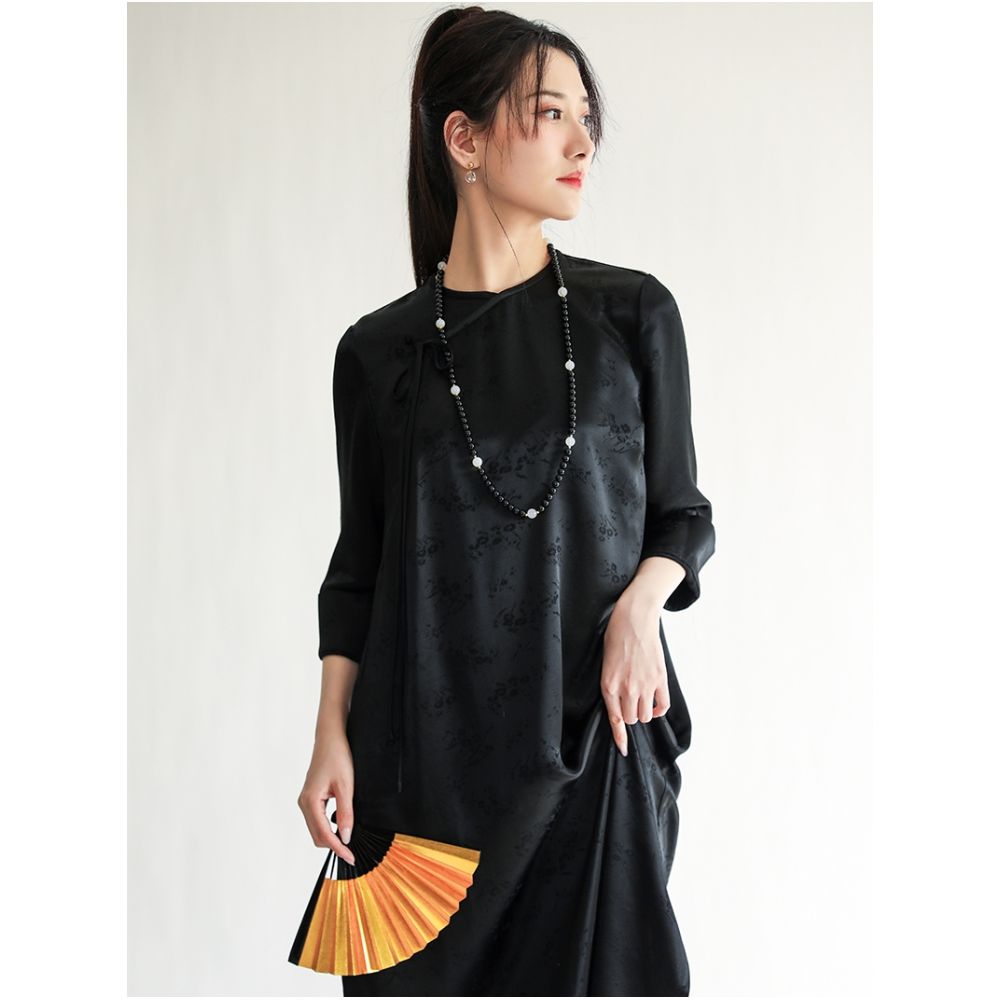 Taozhi Yaoyao 2022 Spring Summer Blue Wind Chime Chinese style Improved Acetate Jacquard Round Neck Seven Sleeve Dress Long Skirt image 12