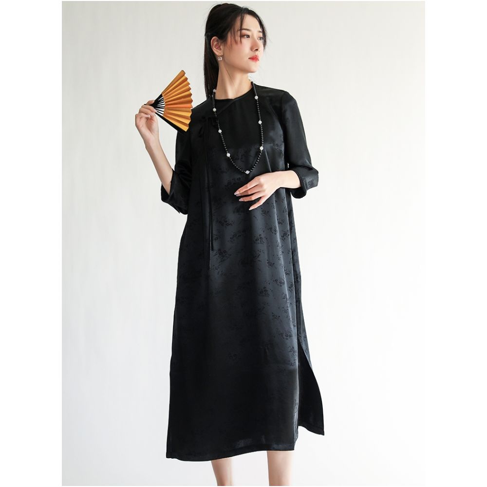 Taozhi Yaoyao 2022 Spring Summer Blue Wind Chime Chinese style Improved Acetate Jacquard Round Neck Seven Sleeve Dress Long Skirt image 1