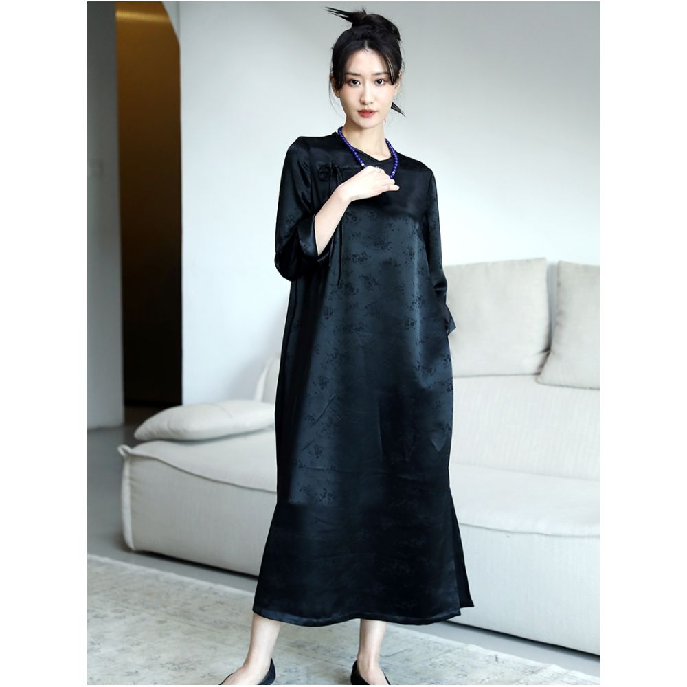 Taozhi Yaoyao 2022 Spring Summer Blue Wind Chime Chinese style Improved Acetate Jacquard Round Neck Seven Sleeve Dress Long Skirt image 2