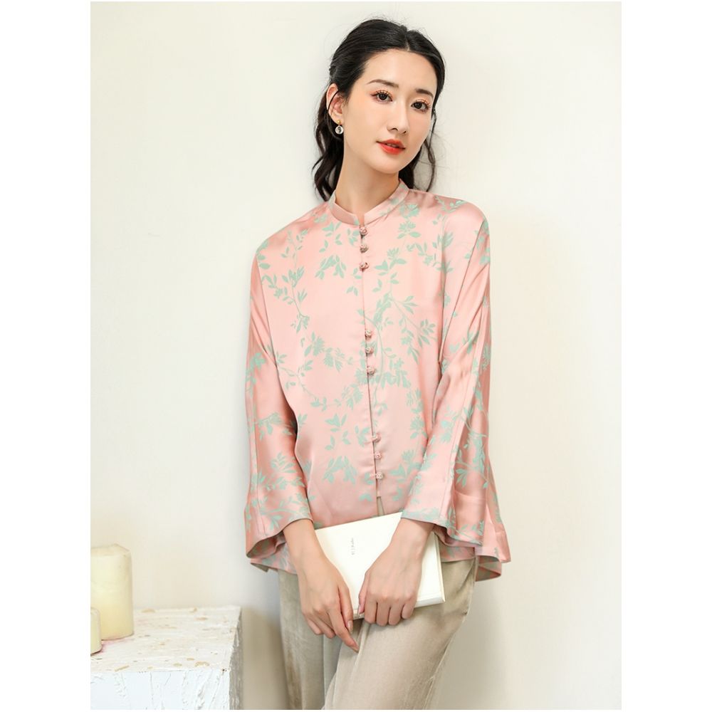 Tao Zhiyao China Chic New Chinese Autumn 2022 Huaying Commuting Literature and Art Acetic Acid Jacquard Stand Collar Long Sleeve Shirt Type A image 0