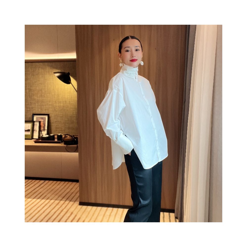 Chinese minimalist pure white cotton shirt women s button up stand collar versatile loose curved high slit long sleeved top T2066 image 0