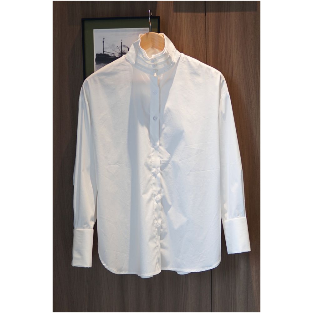 Chinese minimalist pure white cotton shirt women s button up stand collar versatile loose curved high slit long sleeved top T2066 image 9