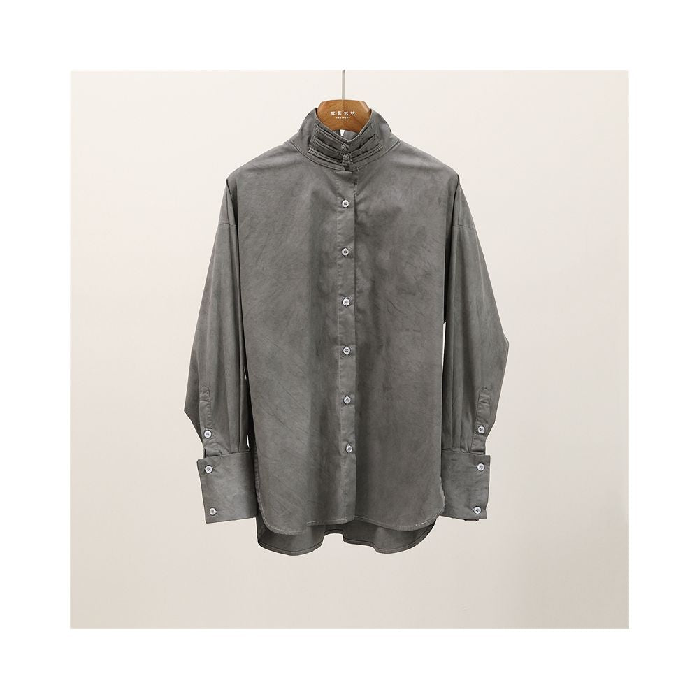 Chinese minimalist pure white cotton shirt women s button up stand collar versatile loose curved high slit long sleeved top T2066 image 15