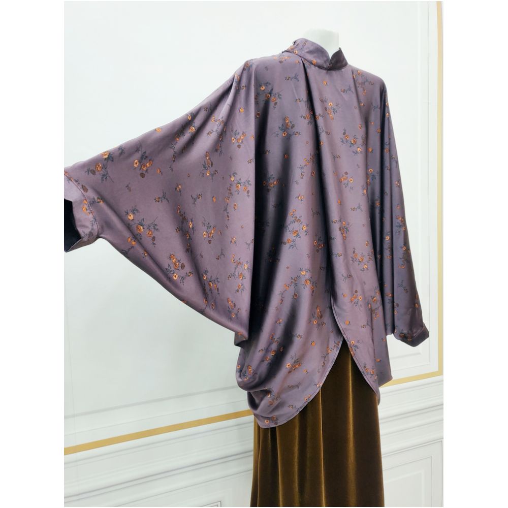 HOGU STUDIO Independent Brand Deep Purple Small Flower New Chinese Cross Bat Shirt 9010 image 2