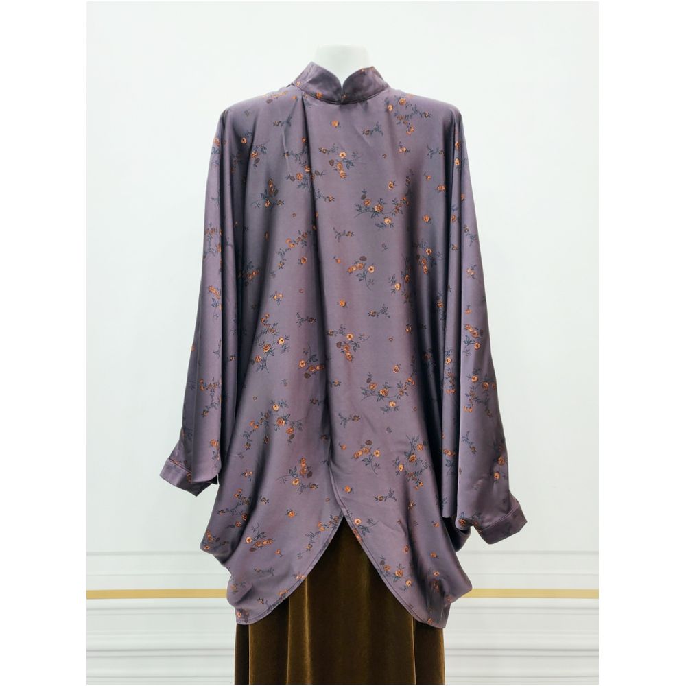 HOGU STUDIO Independent Brand Deep Purple Small Flower New Chinese Cross Bat Shirt 9010 image 5