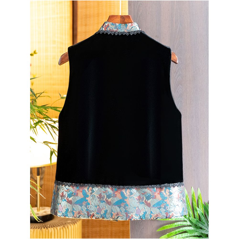 High grade silk velvet black vest for women 2025 autumn and winter new arrival Chinese style stand collar jacquard lace vest image 2