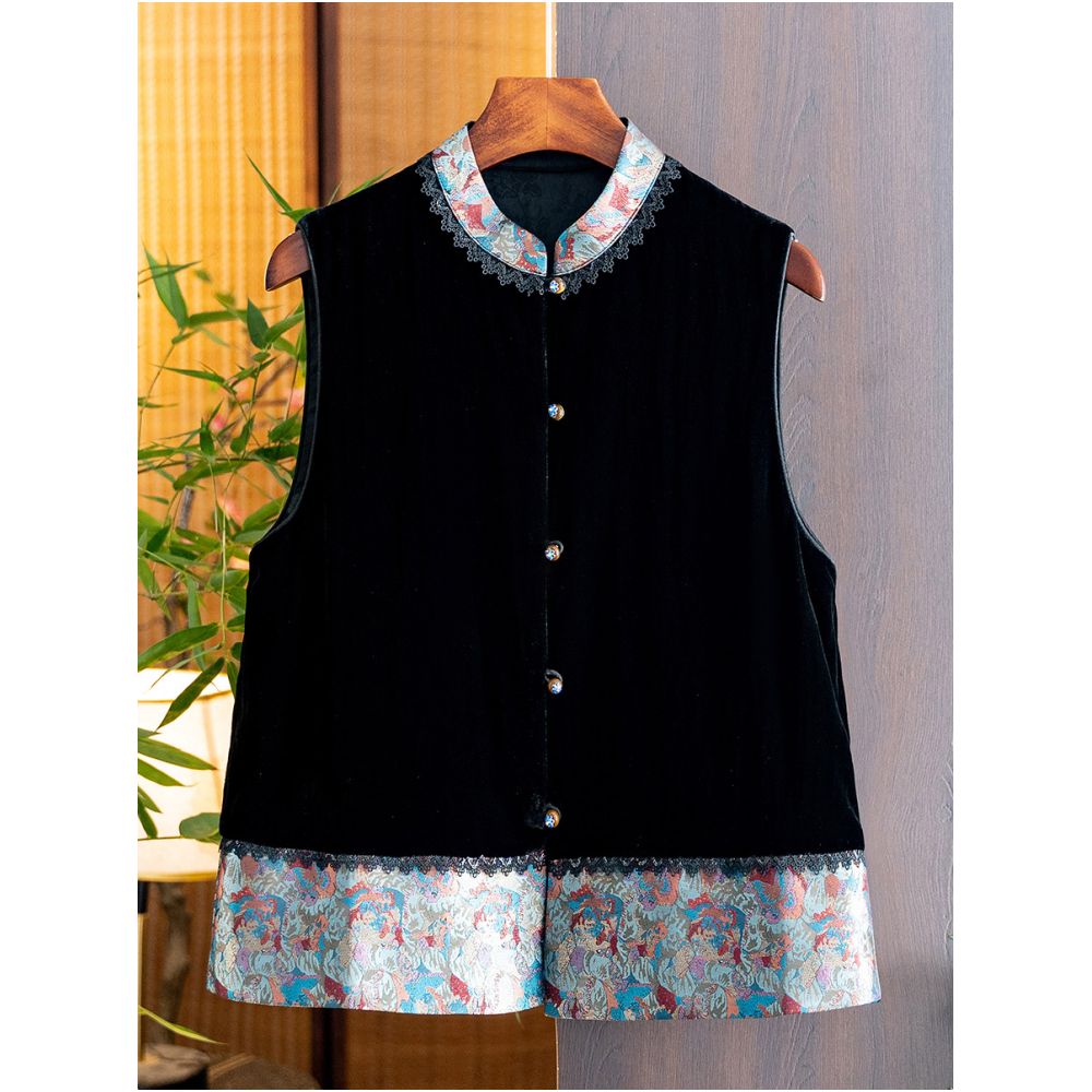 High grade silk velvet black vest for women 2025 autumn and winter new arrival Chinese style stand collar jacquard lace vest image 3