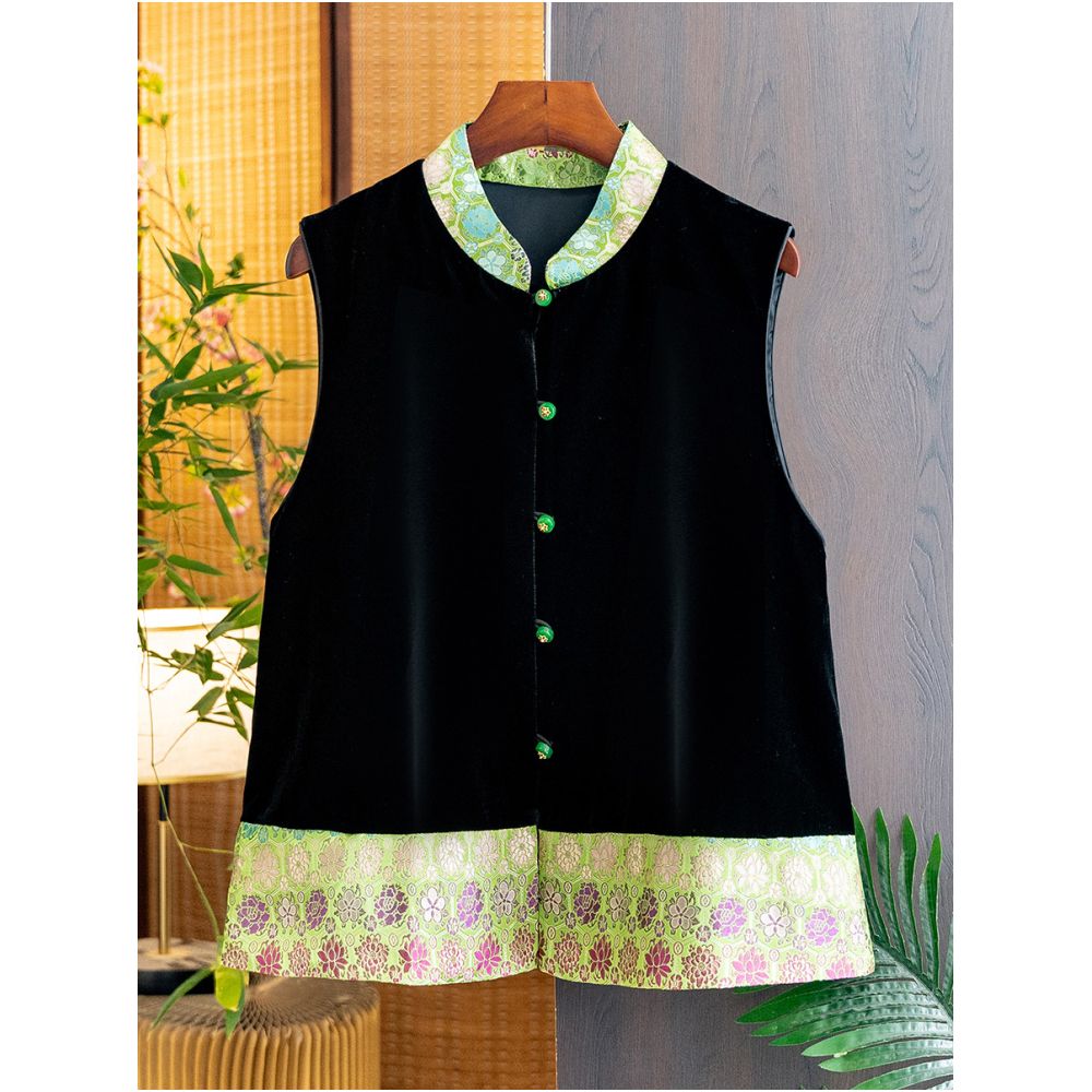 High grade silk velvet black vest for women 2025 autumn and winter new arrival Chinese style stand collar jacquard lace vest image 4