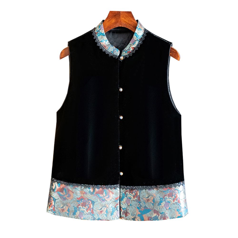 High grade silk velvet black vest for women 2025 autumn and winter new arrival Chinese style stand collar jacquard lace vest image 5
