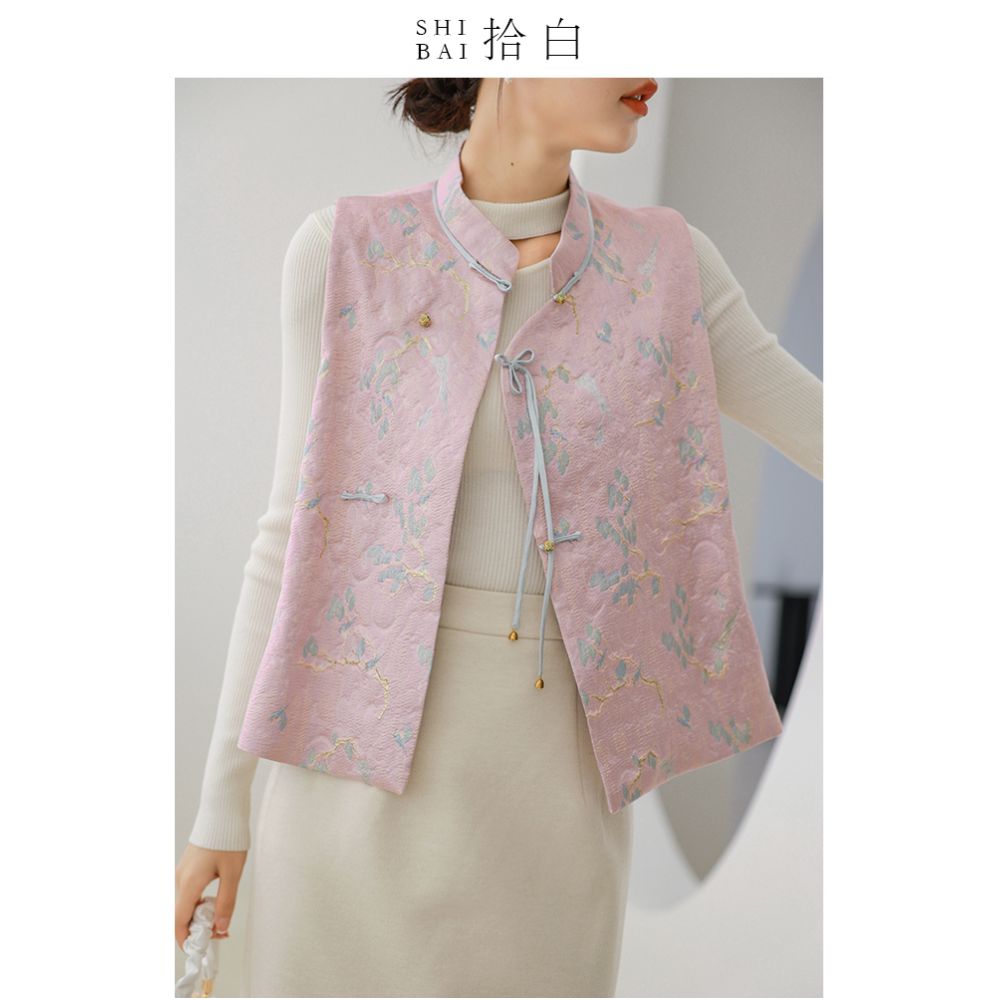 SHIBAI White Collection New Chinese Original Spring and Autumn Daily Improvement National Style Tang Costume Jacquard Standing Collar Horse Clip Short Coat for Women image 3