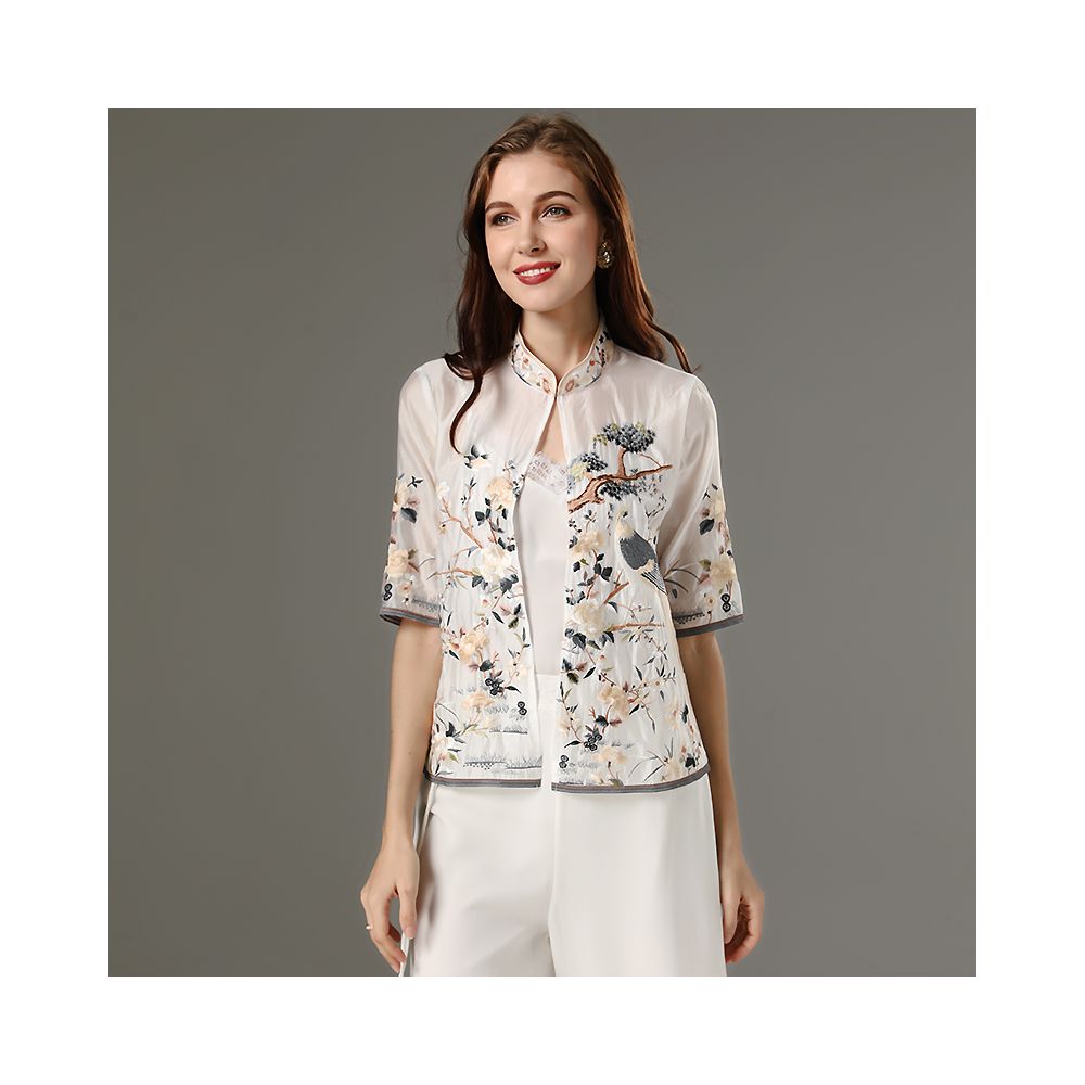 Ethnic style small top for women summer retro Chinese style Tian Si embroidery large size versatile small cardigan draped over air conditioning shirt image 3