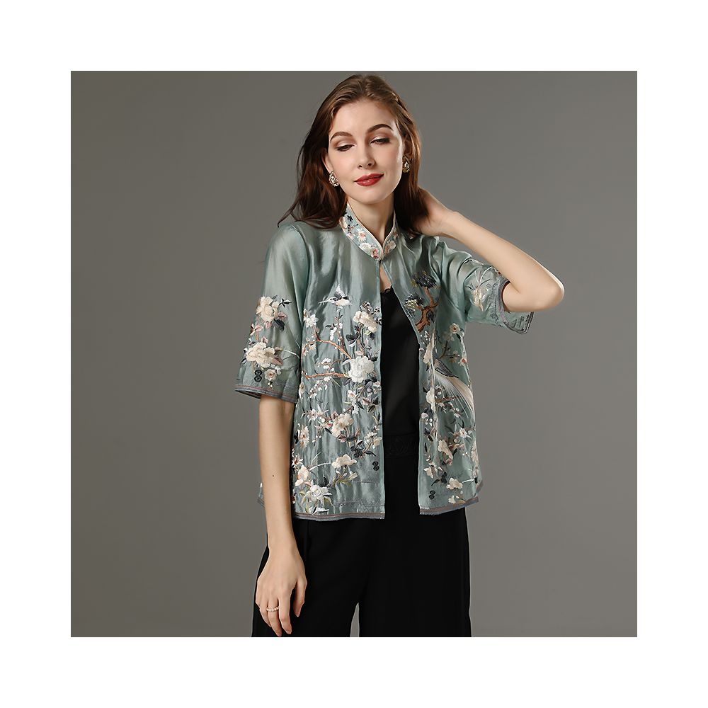 Ethnic style small top for women summer retro Chinese style Tian Si embroidery large size versatile small cardigan draped over air conditioning shirt image 4