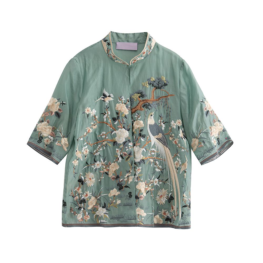 Ethnic style small top for women summer retro Chinese style Tian Si embroidery large size versatile small cardigan draped over air conditioning shirt image 5