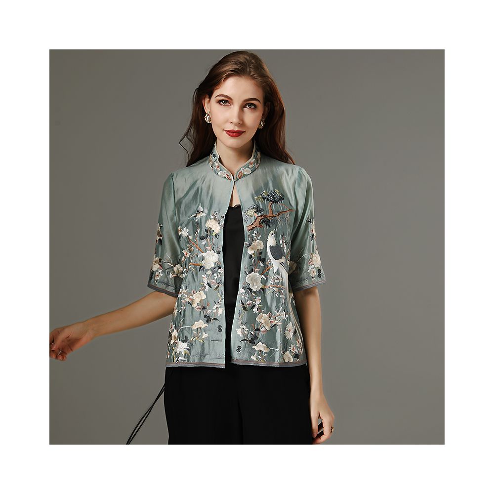 Ethnic style small top for women summer retro Chinese style Tian Si embroidery large size versatile small cardigan draped over air conditioning shirt image 10