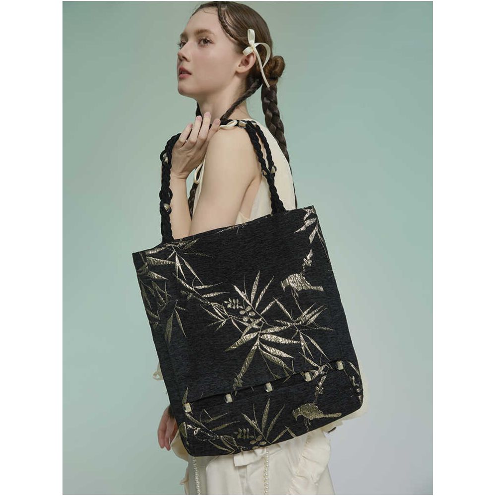 Tail Kite Record Cold Branch Sparrow Quietly Velvet Golden Silk Jacquard Tote Bag Versatile Women s Autumn and Winter New Chinese Style Single Shoulder image 4