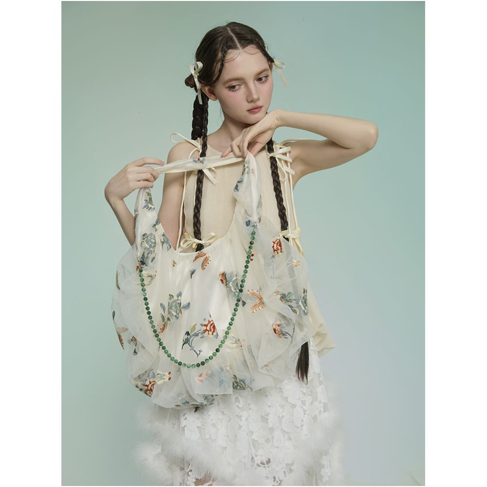 Weiyuanlu Spring and Summer New Heavy Industry National Embroidery Eugen Yarn Bag New Chinese Fairy Style Single Shoulder Bag Apricot image 2