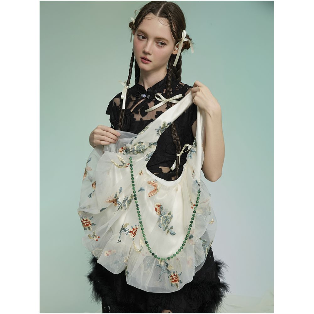 Weiyuanlu Spring and Summer New Heavy Industry National Embroidery Eugen Yarn Bag New Chinese Fairy Style Single Shoulder Bag Apricot image 4