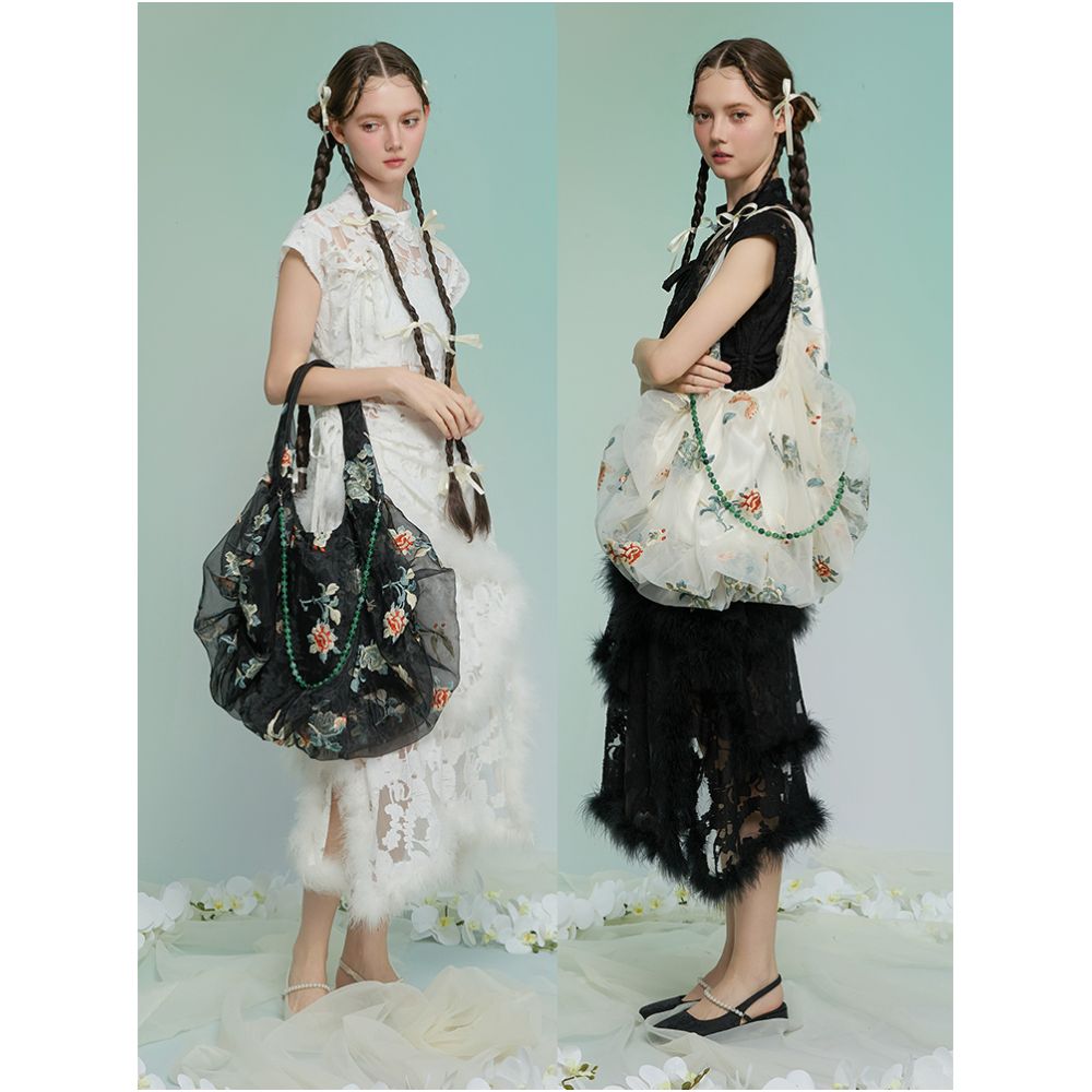 Weiyuanlu Spring and Summer New Heavy Industry National Embroidery Eugen Yarn Bag New Chinese Fairy Style Single Shoulder Bag Apricot image 5