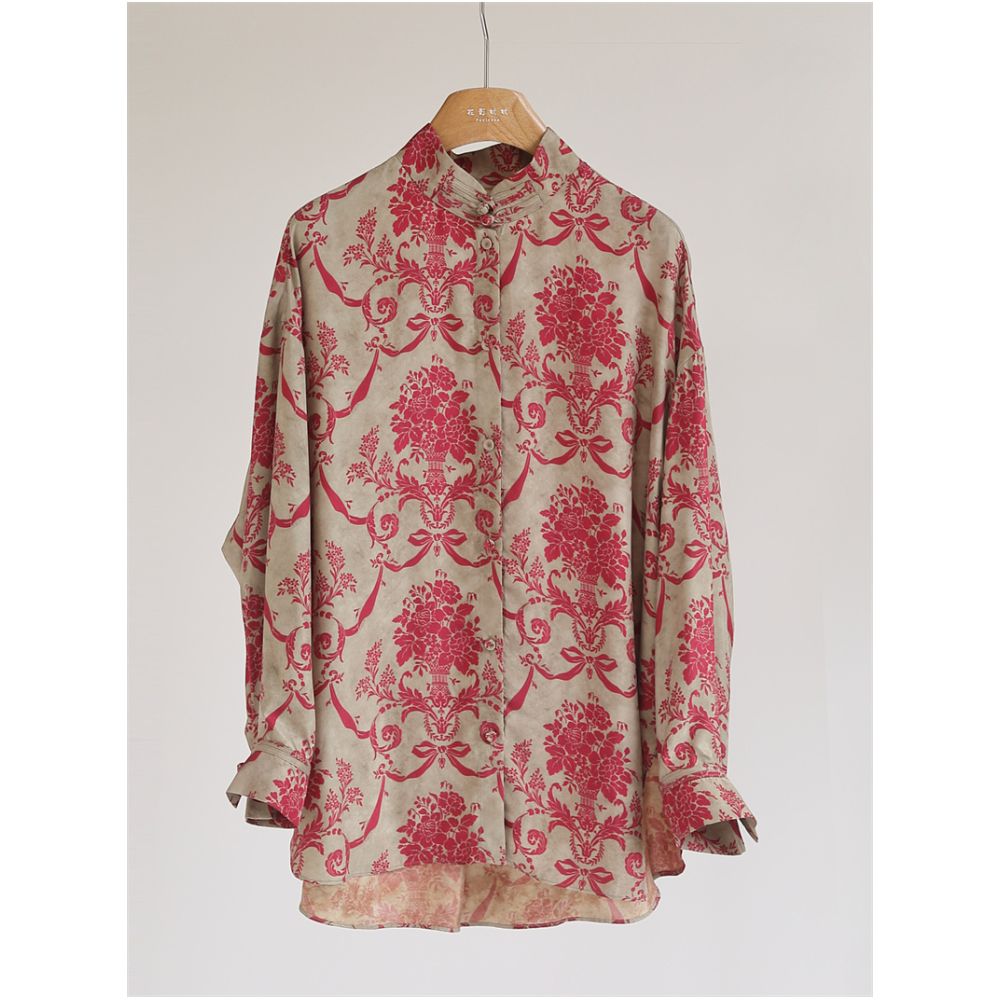 Chinese style printed copper ammonia silk shirt women s standing collar with loose and comfortable buckle retro new Chinese style top medium length Y51172 image 1