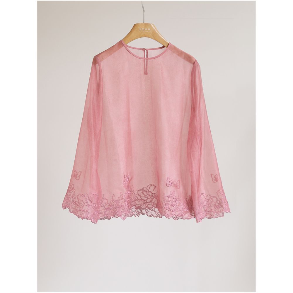 Temperament New Chinese style silk organza lace embroidered top women s round neck long sleeved loose slightly translucent shirt Y51179 image 1
