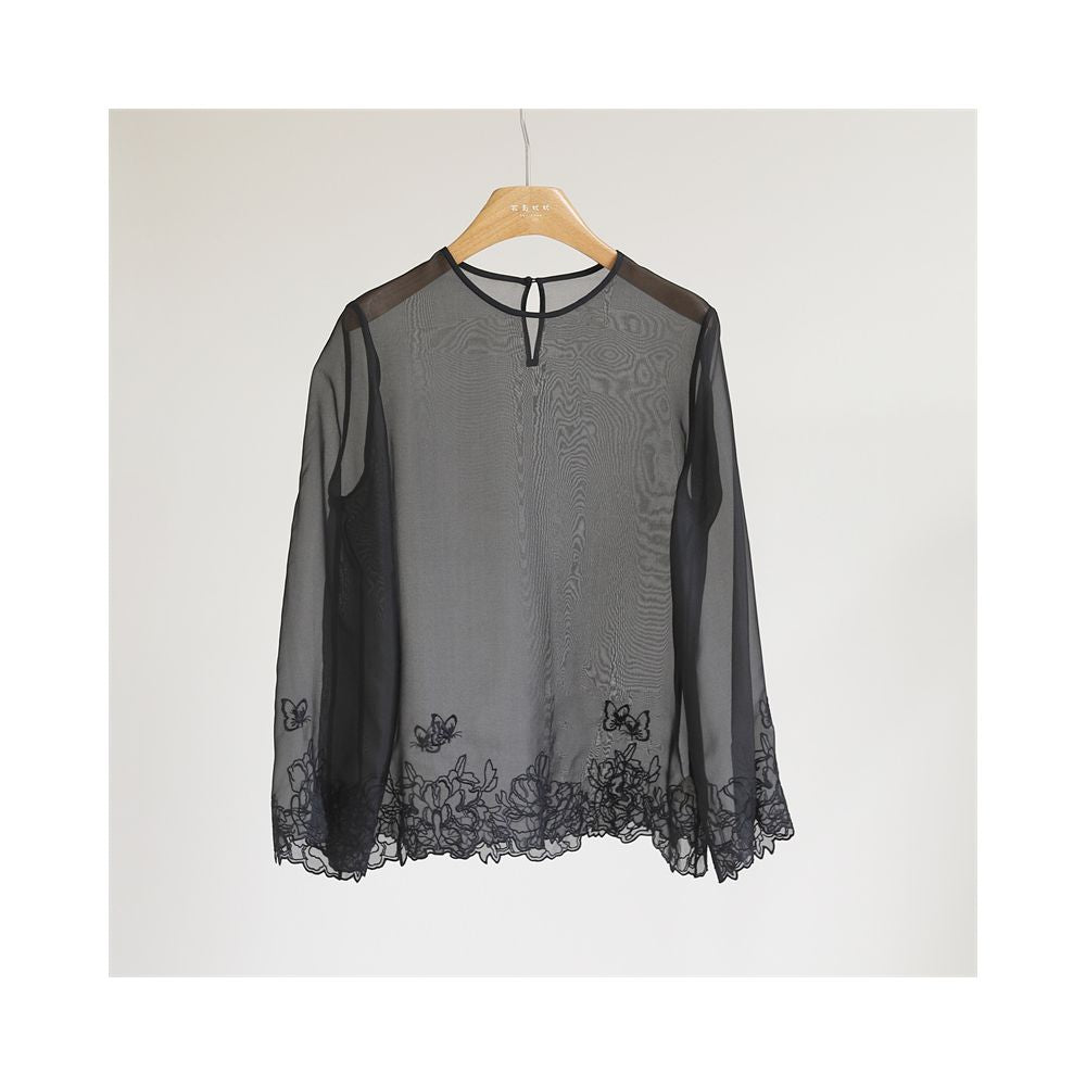 Temperament New Chinese style silk organza lace embroidered top women s round neck long sleeved loose slightly translucent shirt Y51179 image 6