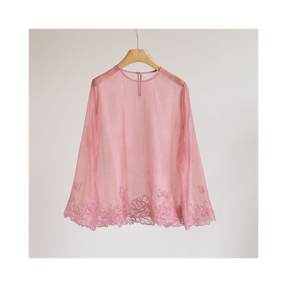 Temperament New Chinese style silk organza lace embroidered top women s round neck long sleeved loose slightly translucent shirt Y51179 image 21