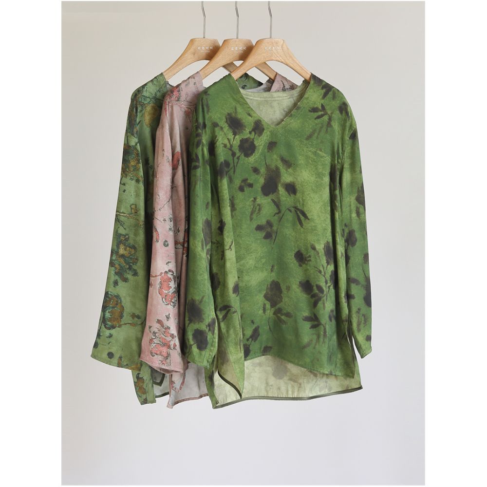 Chinese style printed cross dyed vintage loose top women s V neck long sleeved casual retro versatile shirt medium length J51196 image 0