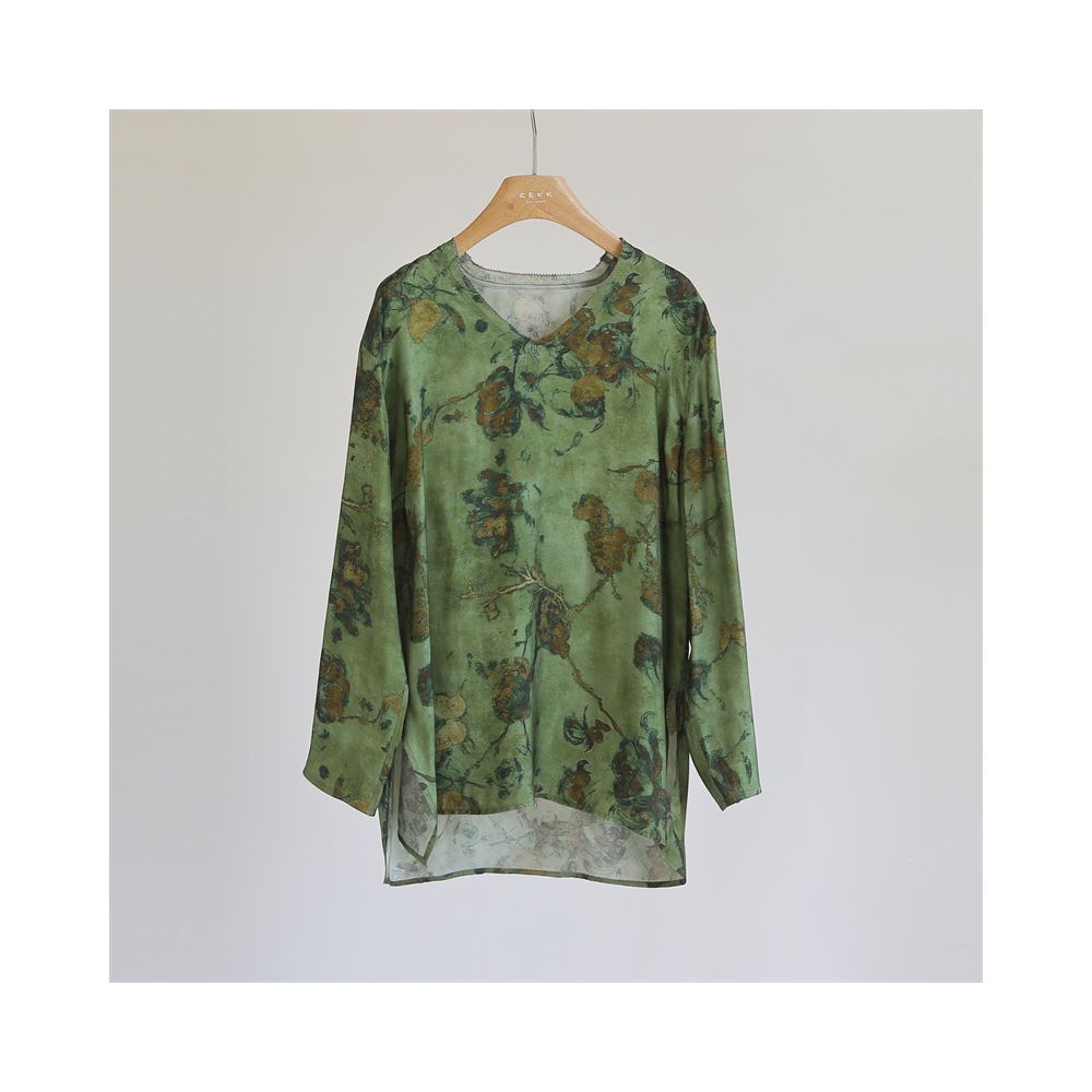 Chinese style printed cross dyed vintage loose top women s V neck long sleeved casual retro versatile shirt medium length J51196 image 8
