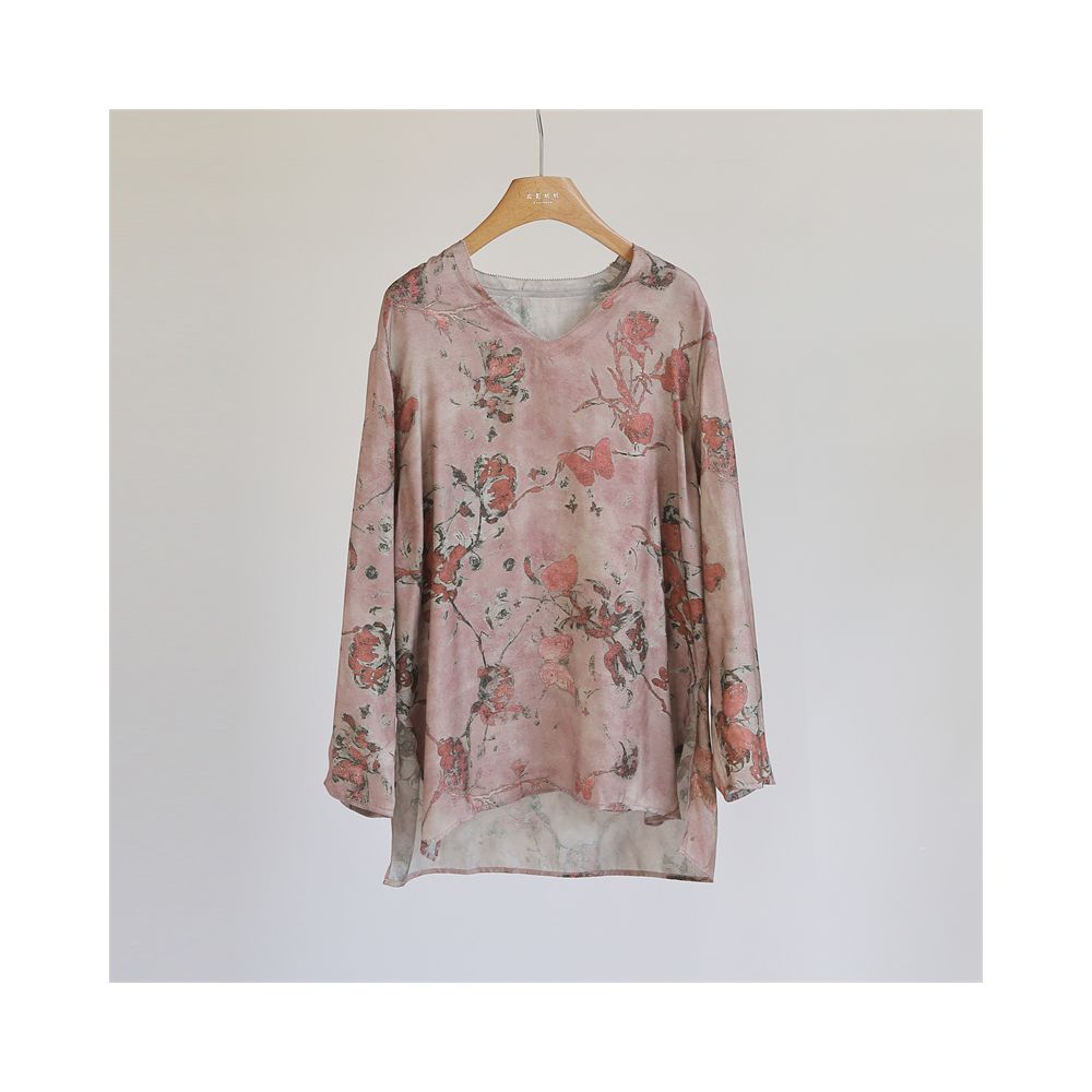 Chinese style printed cross dyed vintage loose top women s V neck long sleeved casual retro versatile shirt medium length J51196 image 22