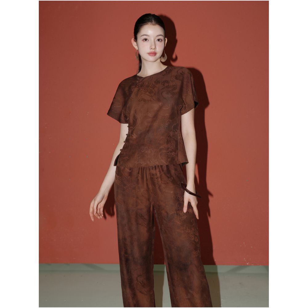 100 mulberry silk dragon patterned Xiangyun yarn Reversible straight leg pants and Chinese style top image 19