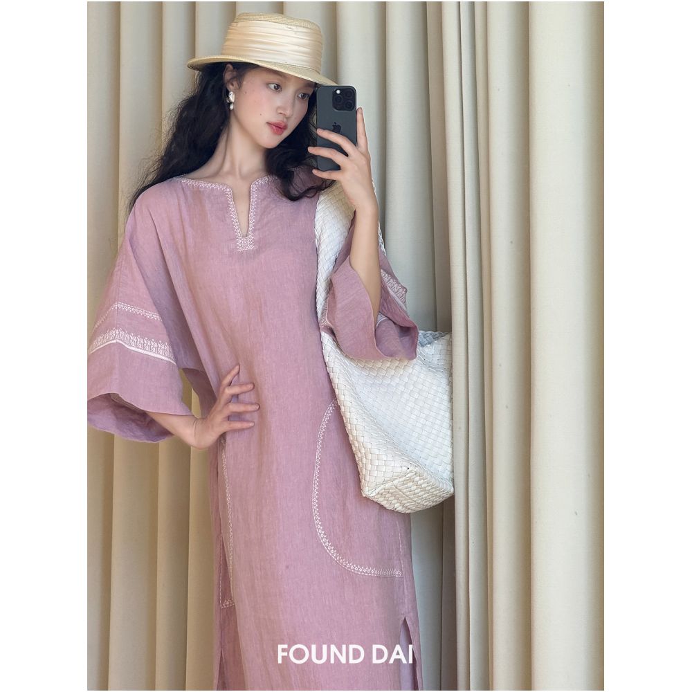 50 hemp and 50 linen geometric embroidery loose robe dress image 4