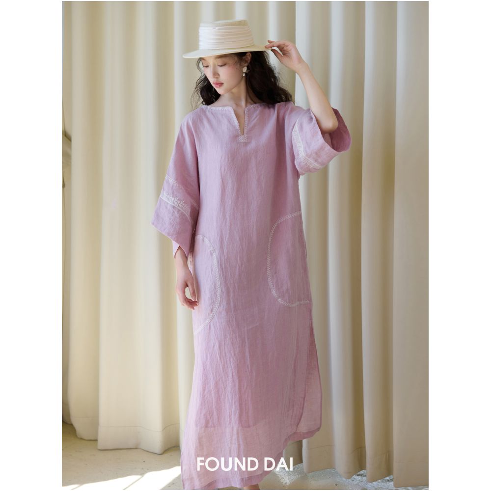 50 hemp and 50 linen geometric embroidery loose robe dress image 5