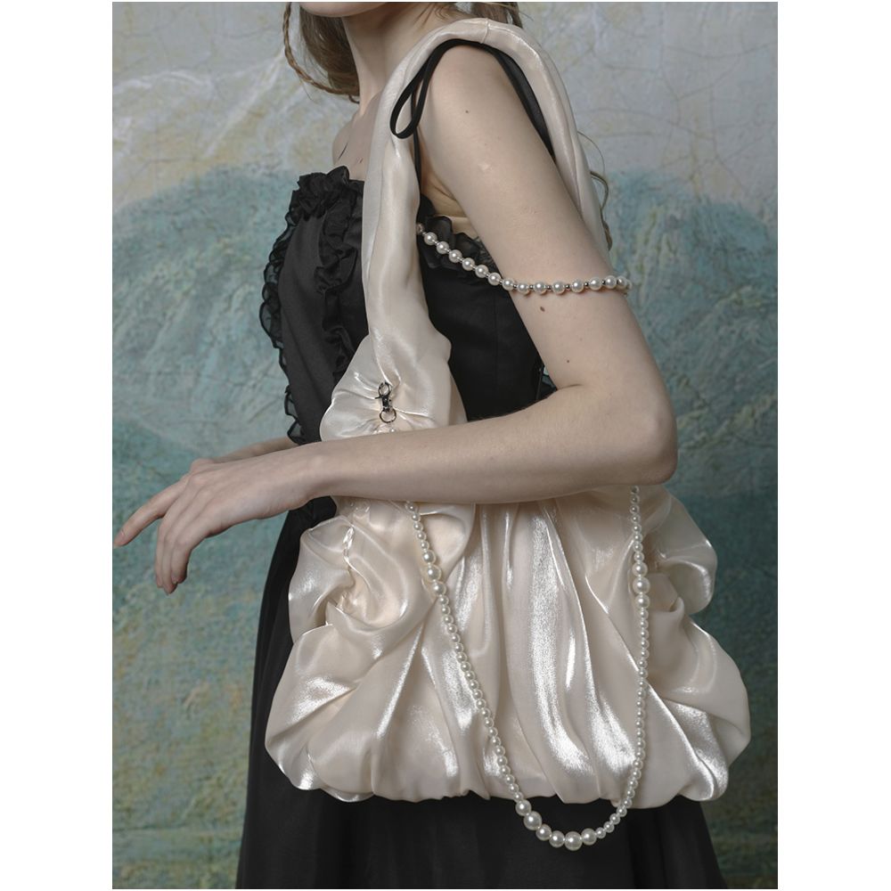 Lactose Studio Apricot Bright Silk Satin Fairy Cloud Bag Pearl Shoulder Strap Detachable Versatile Single Shoulder image 3