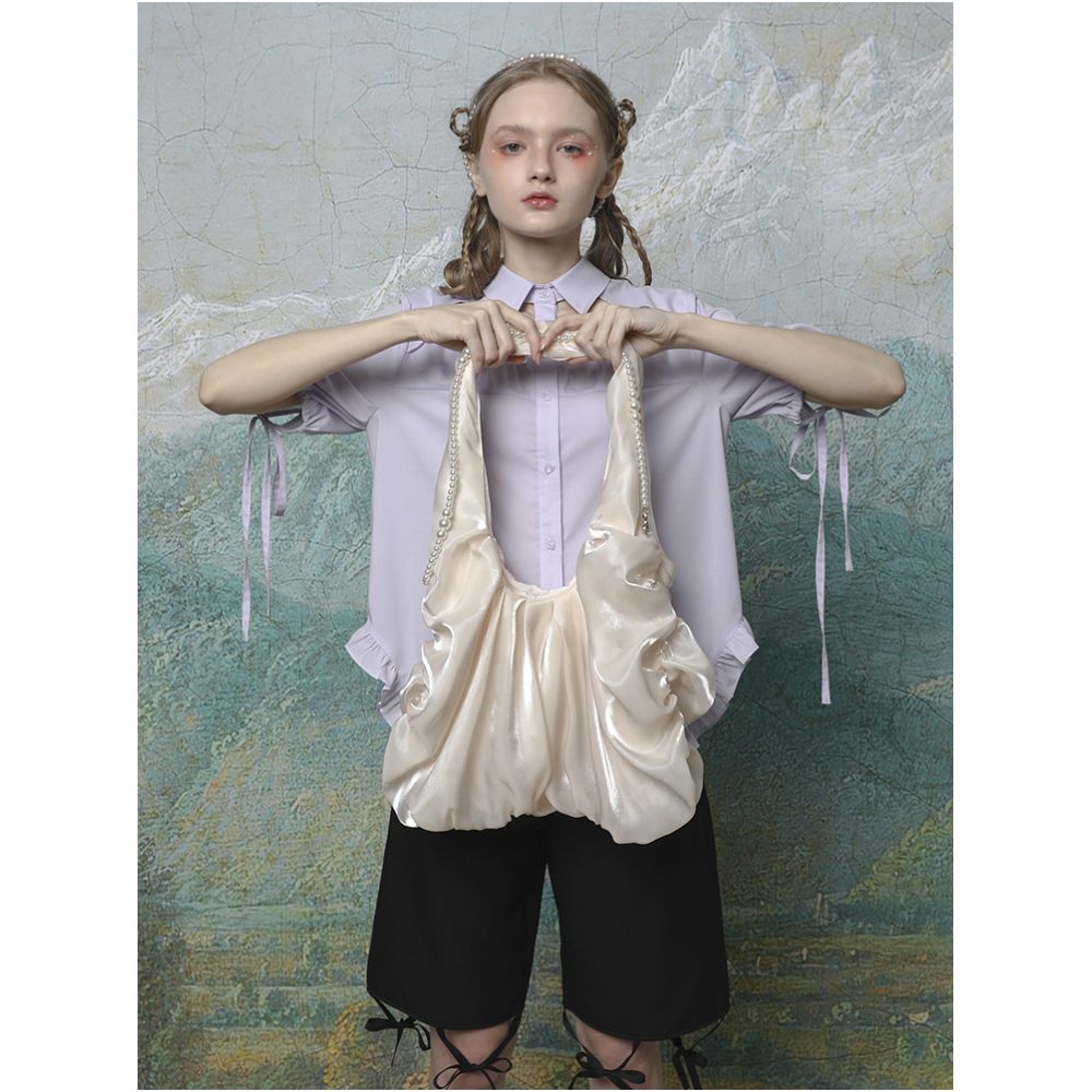 Lactose Studio Apricot Bright Silk Satin Fairy Cloud Bag Pearl Shoulder Strap Detachable Versatile Single Shoulder image 4