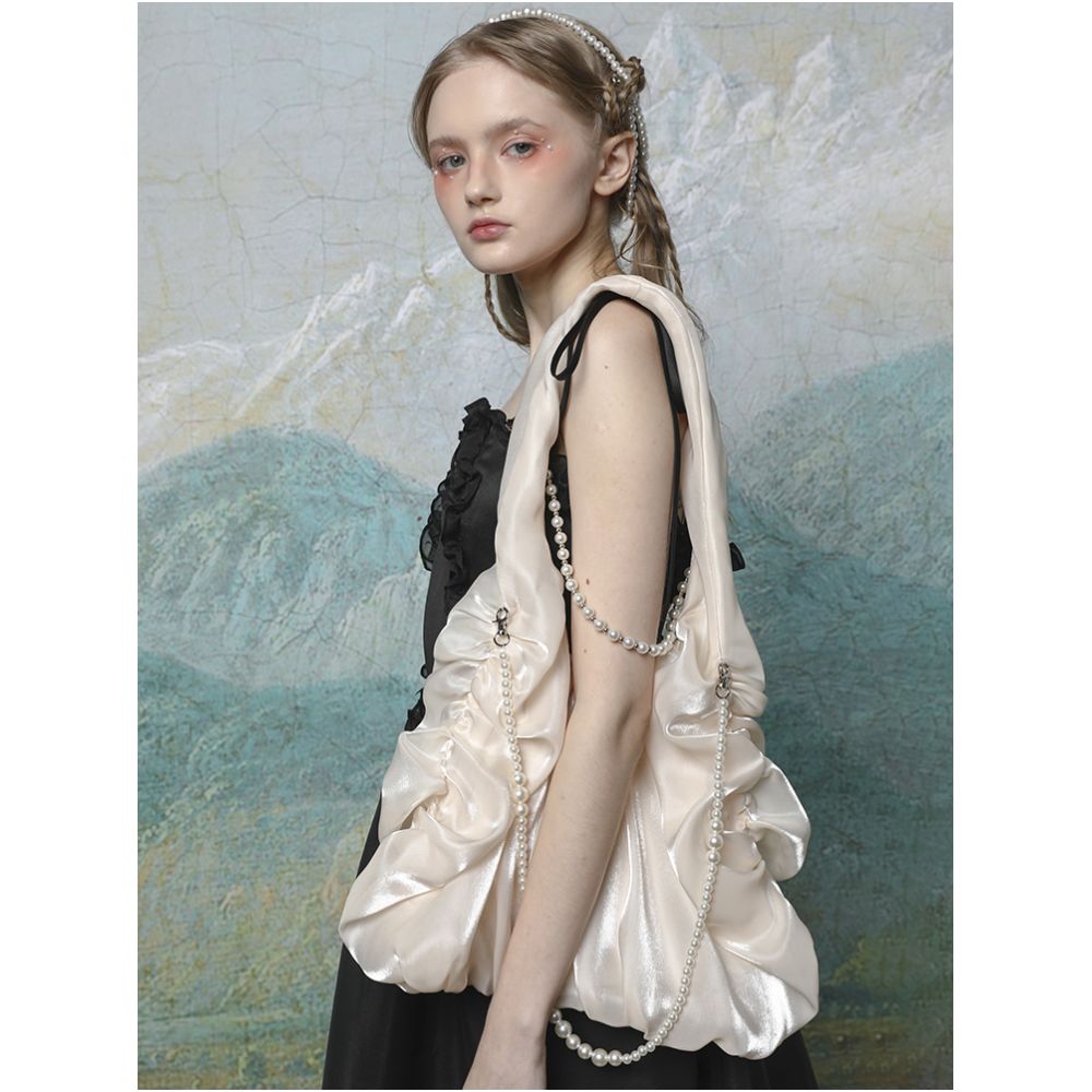 Lactose Studio Apricot Bright Silk Satin Fairy Cloud Bag Pearl Shoulder Strap Detachable Versatile Single Shoulder image 6