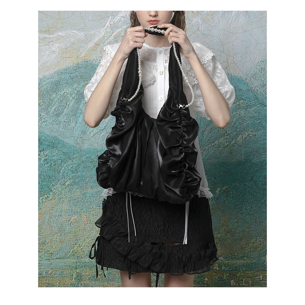 Lactose Studio Apricot Bright Silk Satin Fairy Cloud Bag Pearl Shoulder Strap Detachable Versatile Single Shoulder image 9