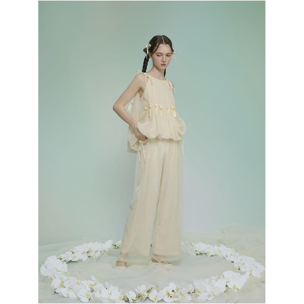 Original Chinese style jacquard mesh double layer wide leg pants from Weiyuanlu summer new versatile casual pants in apricot color image 2