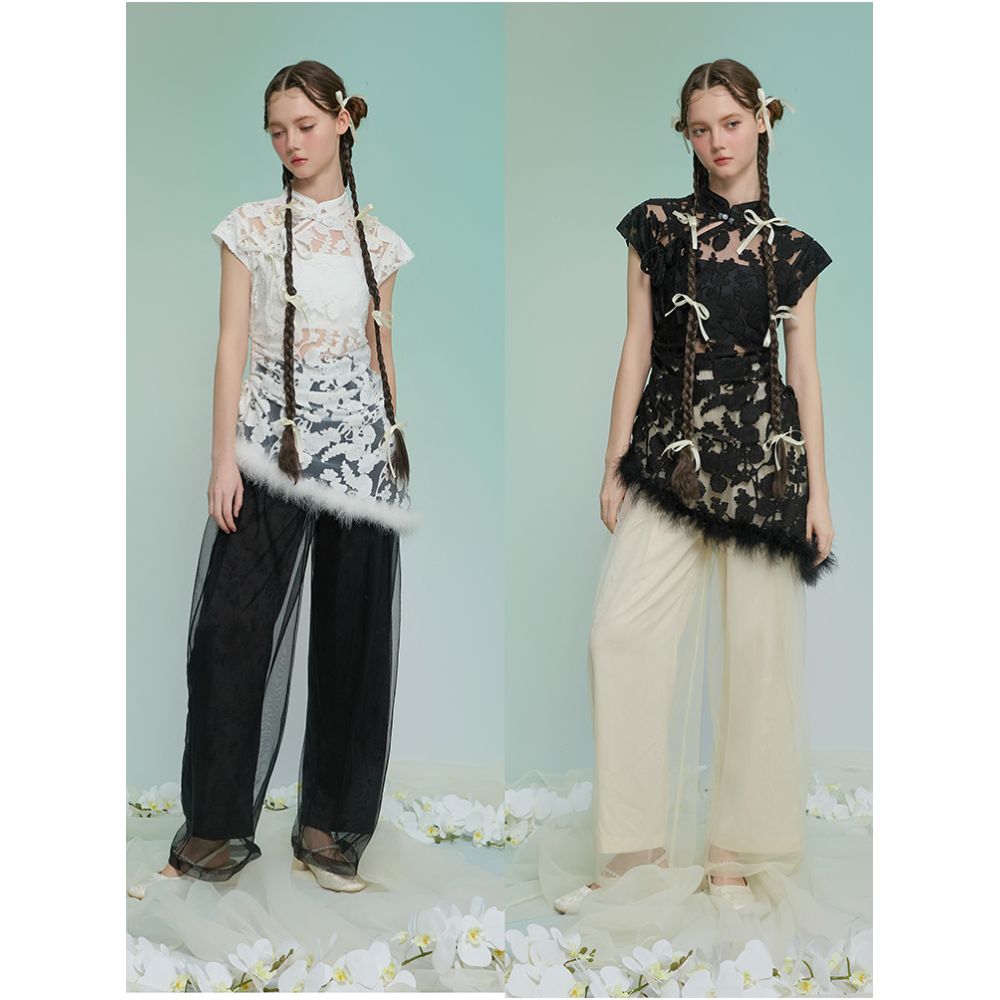 Original Chinese style jacquard mesh double layer wide leg pants from Weiyuanlu summer new versatile casual pants in apricot color image 3