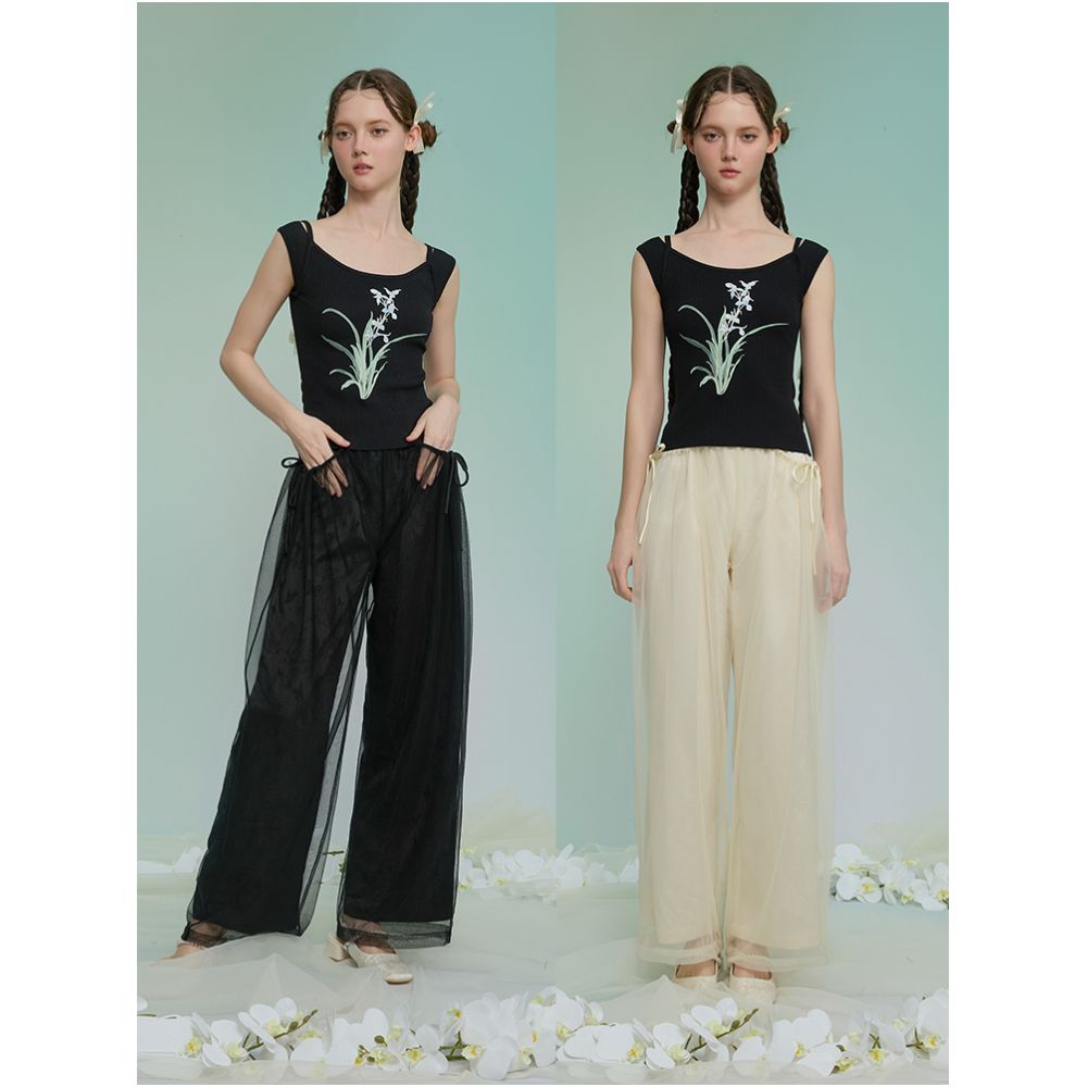 Original Chinese style jacquard mesh double layer wide leg pants from Weiyuanlu summer new versatile casual pants in apricot color image 4