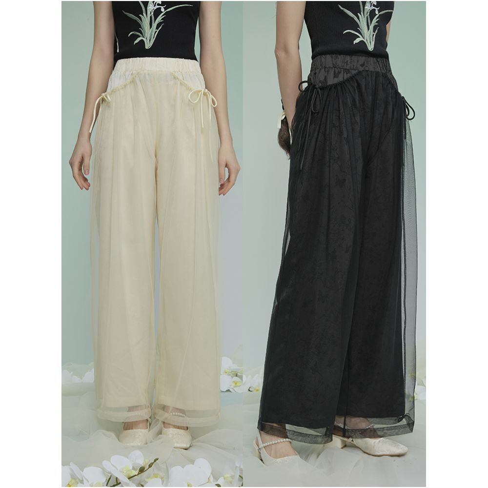 Original Chinese style jacquard mesh double layer wide leg pants from Weiyuanlu summer new versatile casual pants in apricot color image 5