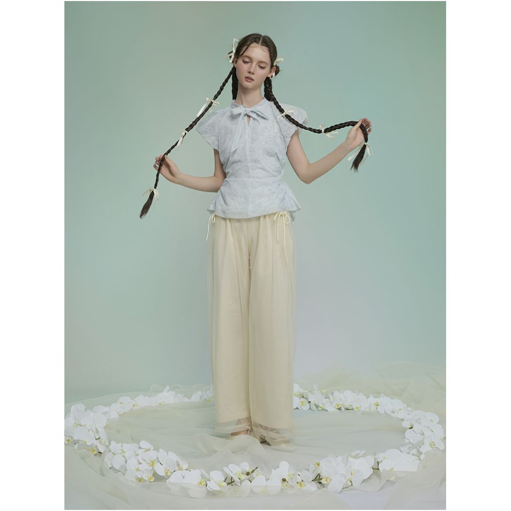 Original Chinese style jacquard mesh double layer wide leg pants from Weiyuanlu summer new versatile casual pants in apricot color image 0