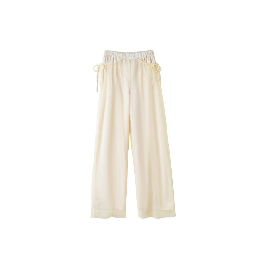 Original Chinese style jacquard mesh double layer wide leg pants from Weiyuanlu summer new versatile casual pants in apricot color image 7