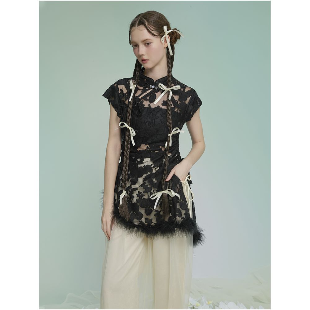 Tail Kite Record Original Black New Chinese style Burnt Flower Asymmetric Design Top Chinese Style Versatile Heavy Industry Summer New Style image 0